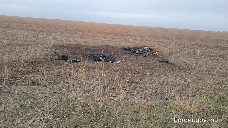 Remains of a Shahed-type drone that crashed near Etulia, Moldova, close to the Moldova-Ukraine border and in the general area of the the Ukrainian Danube port of Ismail, is shown Sunday, according to an official statement.
(AP/Moldovan Border Police)