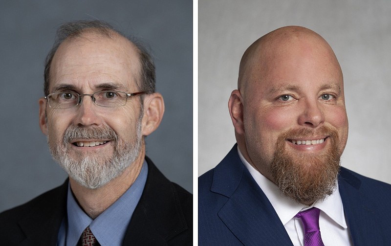 Mark Silvey (left), a pastor and businessman from Hope, is challenging state Sen. Steve Crowell, R-Magnolia, in the March 5, 2024 Republican primary for Arkansas Senate District 3. (Courtesy photos)