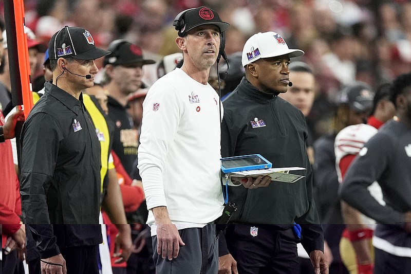 49ers head coach Kyle Shanahan watches from the sideline Sunday night in Super Bowl 58 against the Chiefs in Las Vegas. (Associated Press)