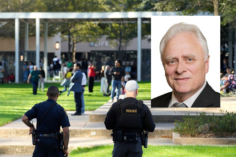 Jimmy Meeks (inset), who is scheduled offer to offer church safety seminars in Arkansas beginning Feb. 29, 2024, is shown in a combination image with the scene outside Lakewood Church in Houston on Sunday, Feb. 11, 2024, where police officers were watching over churchgoers displaced after a shooting. (Main, Karen Warren/Houston Chronicle via AP; inset, courtesy photo)