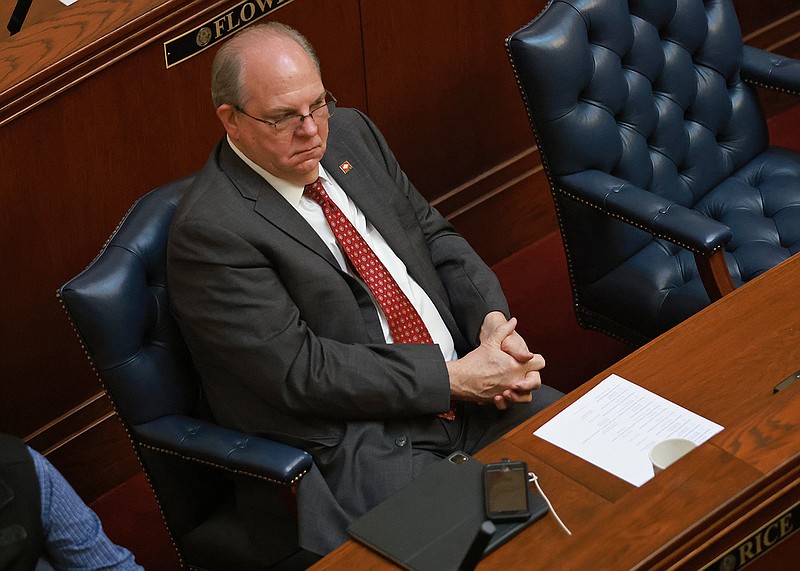 Sen. Terry Rice, R-Waldron, listens to the proceedings of a meeting of the Arkansas state Senate at the Capitol on Friday, Feb. 16, 2024. (Arkansas Democrat-Gazette/Colin Murphey)