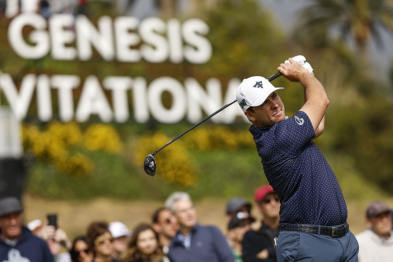 Luke List hits from the 10th tee during the final round of the Genesis Invitational golf tournament at Riviera Country Club, Sunday, Feb. 18, 2024, in the Pacific Palisades area of, Los Angeles. (AP Photo/Ryan Kang)