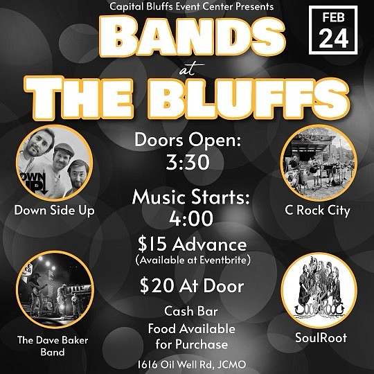 As advertised at https://www.facebook.com/events/s/bands-at-the-bluffs-2024/1979661385764206/, Capital Bluffs Event Center will host the 2024 Bands at the Bluffs event at 3:30 p.m. Saturday, Feb. 24. (Capital Bluffs promotional graphic)