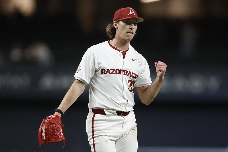 Arkansas pitcher Hagen Smith tied a single-game school record Friday when he struck out 17 Oregon State players in six innings during the No. 4 Razorbacks’ 5-4 victory over the No. 7 Beavers in the College Baseball Series at Globe Life Field in Arlington, Texas.
(Special to the Democrat-Gazette/James D. Smith)