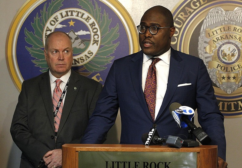 Little Rock Mayor Frank Scott Jr. (right) talks about the death of Bradley Blackshire at the hands of Charles Starks, who was then a Little Rock police officer, in this Feb. 24, 2019 file photo. Scott was speaking at the Little Rock Police Department Headquarters alongside interim Little Rock Police Chief Wayne Bewley. (Arkansas Democrat-Gazette/Thomas Metthe)