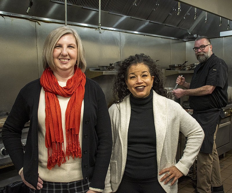 Shannon Collier-Tenison and Danyelle Walker, co-chairwomen of Soup Sunday, are in the kitchen of Allsop & Chapple restaurant with featured chef James Hale, who was making a tomato bisque soup. More than 30 restaurants will be on hand providing soup samples, bread and desserts.
(Arkansas Democrat-Gazette/Cary Jenkins)