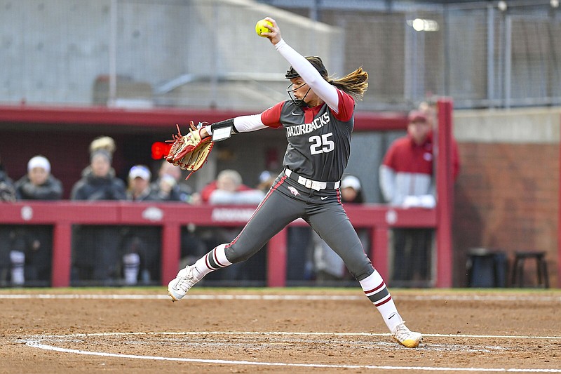 Arkansas relief pitcher Hannah Camenzind (25) delivers to the plate Thursday, during the sixth inning of the Razorbacks’ 4-3 win over South Dakota State in the opening game of the Wooo Pig Classic at Bogle Park in Fayetteville.
(NWA Democrat-Gazette/Hank Layton)