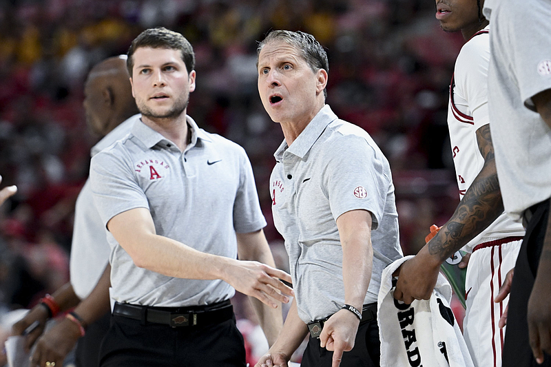 Arkansas men's basketball coach Eric Musselman reacts, Saturday, Feb. 24, 2024, during the first half of a basketball game at Bud Walton Arena in Fayetteville. (Charlie Kaijo/NWA Democrat-Gazette)