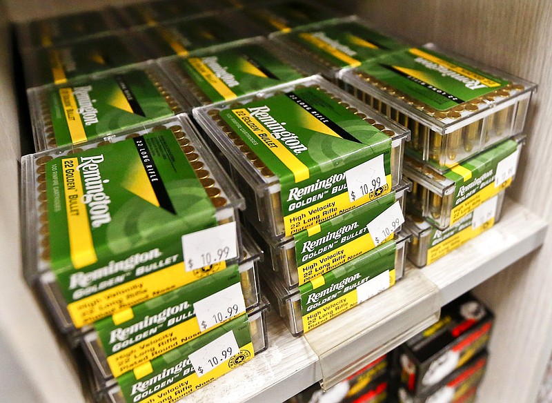 Remington .22 long rifle ammunition is for sale at Duke's Sport Shop in New Castle, Pa., in this March 1, 2018 file photo. Remington Ammunition filed bankruptcy later that year and was purchased out of bankruptcy by Vista Outdoor. (AP/Keith Srakocic)