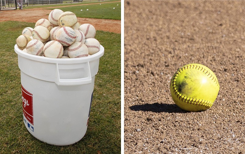 At left, a bucket of baseballs sits on a practice field at Ed Smith Stadium in Sarasota, Fla., in a Feb. 23, 2010 file photo. At right, a softball sits in the dirt during an NCAA softball game in Raleigh, N.C., in a Feb. 19, 2022 file photo. (Left, AP/Kathy Willens; right, AP/Kara Durrette)