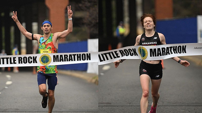 This combined photo shows the winners of the 2024 Little Rock Marathon on Sunday, March 3, 2024. (Staci Vandagriff/ Arkansas Democrat-Gazette)