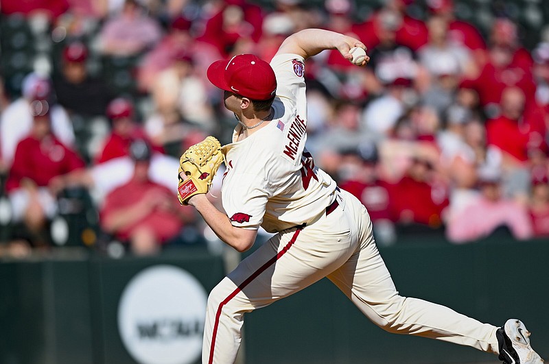 Arkansas Will McEntire (41) pitches, Sunday, March 3, 2024 during the seventh inning of a baseball game at Baum-Walker Stadium in Fayetteville. Visit nwaonline.com/photos for today's photo gallery...(NWA Democrat-Gazette/Charlie Kaijo)