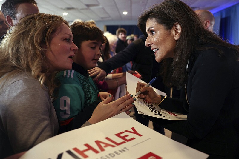 Republican presidential candidate and former United Nations Ambassador Nikki Haley greets supporters at a campaign event in Portland, Maine, Sunday, March 3, 2024. (AP Photo/Reba Saldanha)