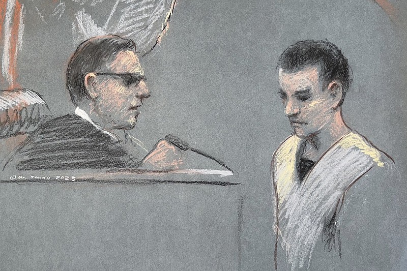 FILE - This artist depiction shows Massachusetts Air National Guardsman Jack Teixeira, right, appearing in U.S. District Court in Boston, April 14, 2023. Teixeira has pleaded guilty in federal court to leaking highly classified military documents about Russia’s war in Ukraine and other national security secrets. Teixeira pleaded guilty in Boston’s federal court on Monday to six counts of willful retention and transmission of national defense information under the Espionage Act. (Margaret Small via AP, File)