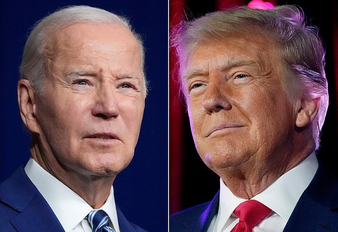 In this combination of photos, President Joe Biden (left) speaks on Aug. 10, 2023, in Salt Lake City, and former President Donald Trump speaks on July 8, 2023, in Las Vegas. (AP Photo)