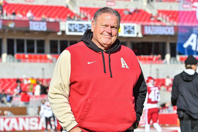 Arkansas football Coach Sam Pittman leads the Razorbacks in their first of 15 practices this spring today in Fayetteville. The Razorbacks return four starters on offense and seven on defense from last season’s 4-8 team.
(NWA Democrat-Gazette/Hank Layton)