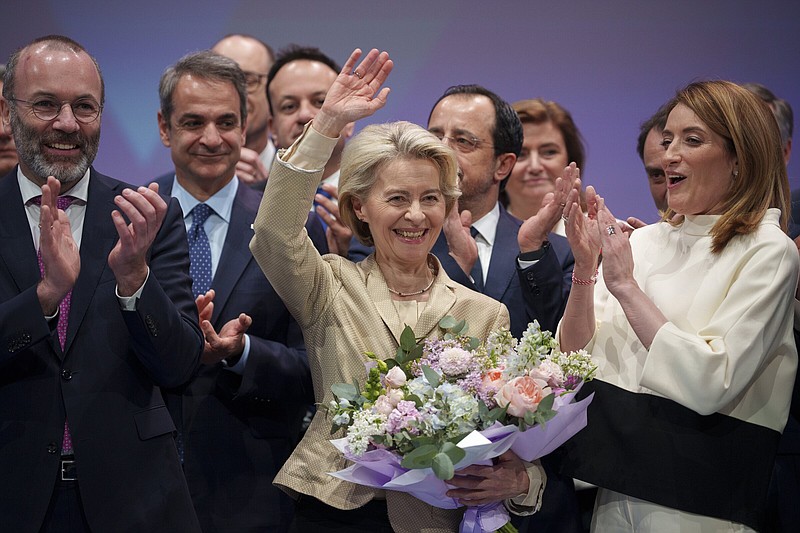 European Commission President Ursula von der Leyen (center) waves Thursday, as European Parliament President Roberta Metsola (right) and Manfred Weber, head of the Group of the European People’s Party (left), applaud at the end of the EPP Congress in Bucharest, Romania.
(AP/Andreea Alexandru)