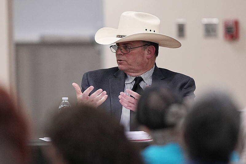 Jesse Prado, an Austin-based investigator, shares his findings at a special city council meeting in Uvalde, Texas, on Thursday.
(AP/Eric Gay)