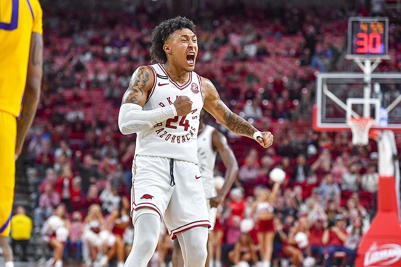 Senior guard Jeremiah Davenport said Arkansas Coach Eric Musselman is “a sewer rat” when it comes to making sure his teams aren’t swept in conference home-and-home series. “He’s a competitive coach,” Davenport said.
(NWA Democrat-Gazette/Hank Layton)