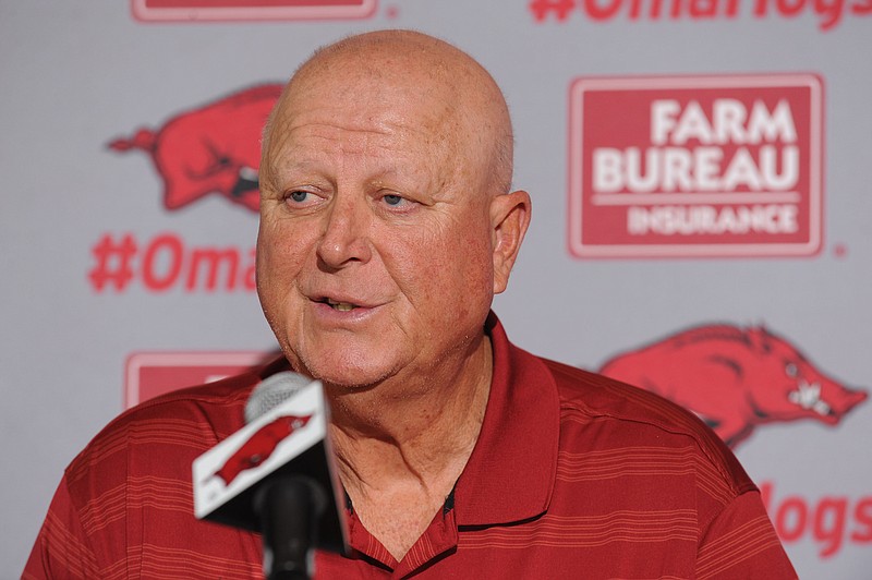 Dave Jorn speaks Wednesday, May 25, 2016, during a news conference to address his retirement as Arkansas' pitching coach. (Andy Shupe/NWA Democrat-Gazette)