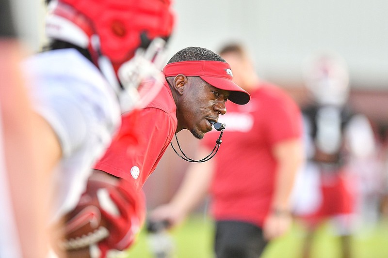 Arkansas running backs coach Jimmy Smith looks on during practice, Friday, Aug. 4, 2023, at the Fred W. Smith Football Center in Fayetteville. (Hank Layton/NWA Democrat-Gazette)