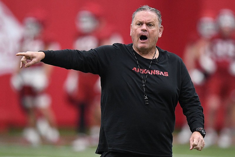 Arkansas football coach Sam Pittman is shown during practice Thursday, March 7, 2024, in Fayetteville. (Andy Shupe/NWA Democrat-Gazette)