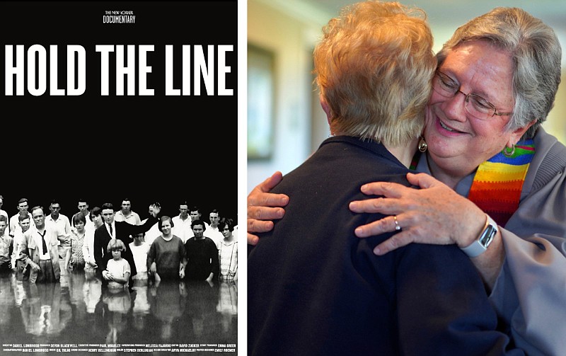 At left, a poster promotes "Hold the Line," a new documentary that was shot, in part, in June 2023 during the annual meeting of the Southern Baptist Convention in New Orleans. At right, the Rev. Linda Barnes Popham (right) hugs a member of Fern Creek Baptist Church after a service in Louisville, Ky., in this May 21, 2023 file photo. Fern Creek was one of five churches disfellowshipped from the Southern Baptist Convention because they have female pastors, and Popham is one of the central figures of "Hold the Line." (Left, courtesy photo; right, AP/Jessie Wardarski)