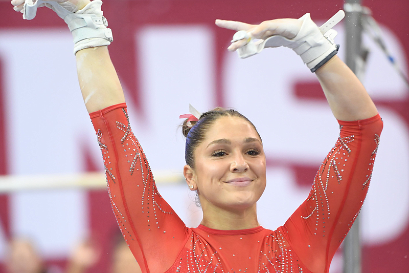 Arkansas gymnast Jensen Scalzo is shown, Friday, Jan. 13, 2022, after her uneven bars routine during the Razorbacks' meet with Alabama at Barnhill Arena in Fayetteville. (Andy Shupe/NWA Democrat-Gazette)