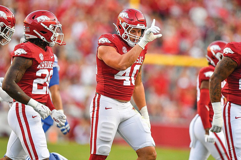 Arkansas defensive lineman Landon Jackson (40) reacts after a play, Saturday, Sept, 16, 2023, during the first quarter against BYU at Donald W. Reynolds Razorback Stadium in Fayetteville. Visit nwaonline.com/photo for today's photo gallery..(NWA Democrat-Gazette/Hank Layton)