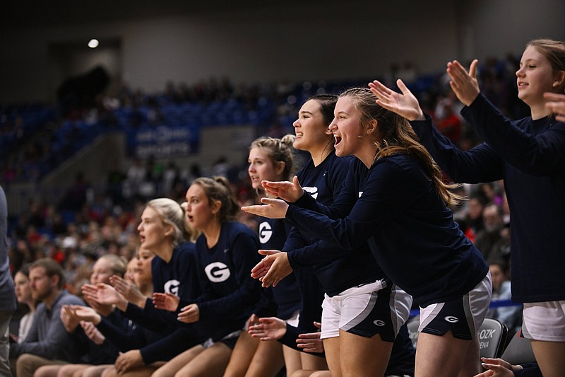 The Greenwood bench cheers on their team during Friday’s 77-51 victory against Vilonia in the Class 5A girls state championship game at Bank OZK Arena in Hot Springs. More photos at arkansasonline.com/39girls5a24/..(Arkansas Democrat-Gazette/Staci Vandagriff)