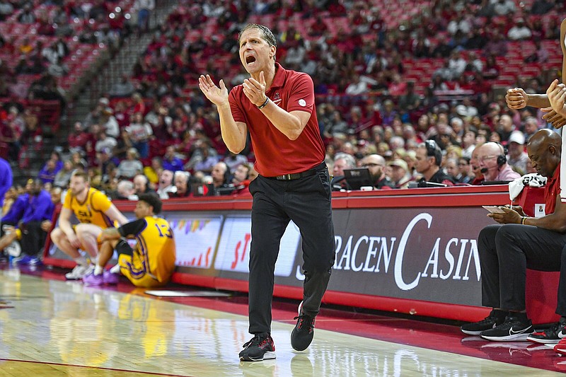 Arkansas head coach Eric Musselman reacts, Wednesday, March 6, 2024, during the second half of the Razorbacks’ 94-83 win over the LSU Tigers at Bud Walton Arena in Fayetteville. Visit nwaonline.com/photo for today's photo gallery..(NWA Democrat-Gazette/Hank Layton)