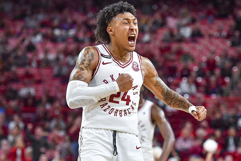 Arkansas guard Jeremiah Davenport is shown during a game against LSU on Wednesday, March 6, 2024, in Fayetteville. (Hank Layton/NWA Democrat-Gazette)