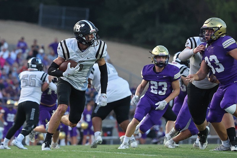 Marcus Wimberly of Bauxite runs with the ball during a game against Central Arkansas Christian on Friday, Sept. 8, 2023, in North Little Rock. (Colin Murphey/Arkansas Democrat-Gazette)