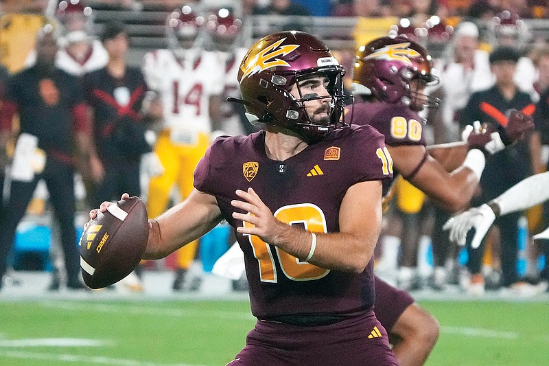 In this Sept. 23, 2023, file photo, Drew Pyne throws the ball for Arizona State during a game against Southern California in Tempe, Ariz. (Associated Press)