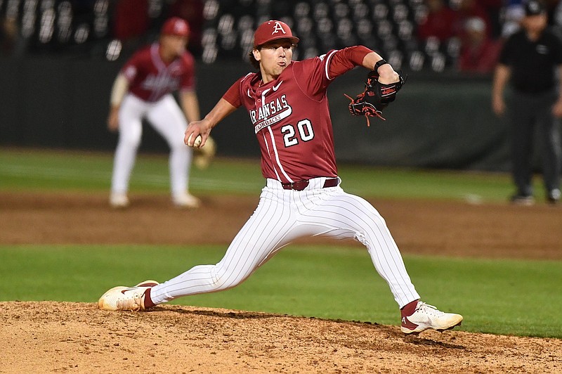 Arkansas pitcher Gabe Gaeckle throws during a game against Oral Roberts on Tuesday, March 12, 2024, in Fayetteville. (Sadie Rucker/Arkansas Athletics)