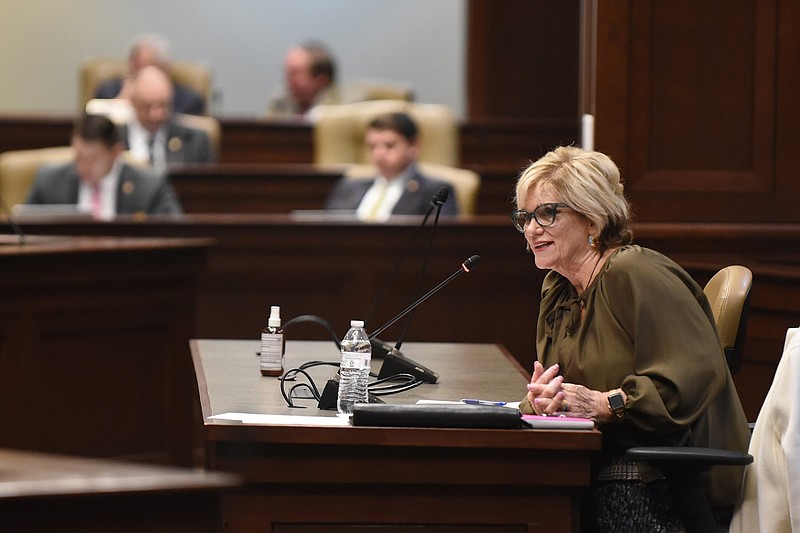 Kay Barnhill, the personnel administrator for the state of Arkansas, answers questions from legislators at the state Capitol in this Jan. 19, 2023 file photo. (Arkansas Democrat-Gazette/Staci Vandagriff)