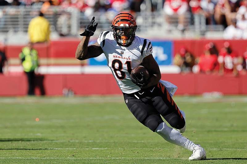 In this Oct. 29, 2023, file photo, Irv Smith Jr. runs with the ball after making a catch for the Bengals in a game against the 49ers in Santa Clara, Calif. (Associated Press)