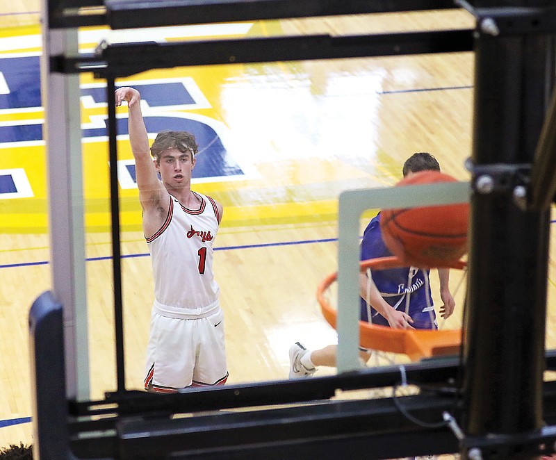 Jefferson City’s Rowen Buffington watches his free throw go through the basket during a game against Montgomery County during last month’s Central Bank Shootout at Rackers Fieldhouse. (Jason Strickland/News Tribune)
