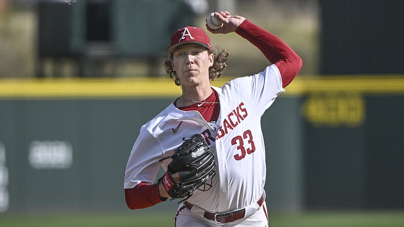 Arkansas ace left-handed pitcher Hagen Smith (2-0, 2.12 ERA) will make his fifth start, looking to build on three strong outings in a row.
(AP/Michael Woods)