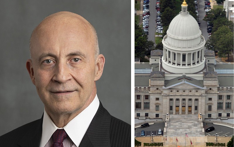 David Scott (left), the chairman of Arkansas’ ESG Oversight Committee and the chief legal counsel in the Arkansas treasurer’s office, is shown with an aerial photo of the state Capitol in these undated file photos. (Left, courtesy photo; right, Arkansas Democrat-Gazette/Benjamin Krain)