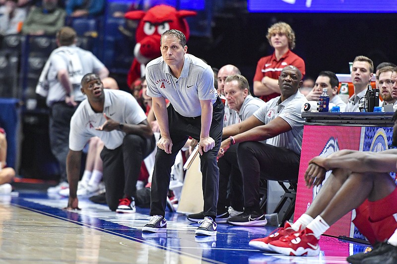 Arkansas Coach Eric Musselman said he “can’t wait to work” and is “probably more motivated right now at this moment than I ever have been” following the Razorbacks’ loss to No. 15 South Carolina, giving them a 16-17 record to end the season.
(NWA Democrat-Gazette/Hank Layton)