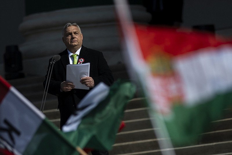Hungarian Prime Minister Viktor Orban gives a speech Friday on the steps of the National Museum in Budapest, Hungary.
(AP/Denes Erdos)