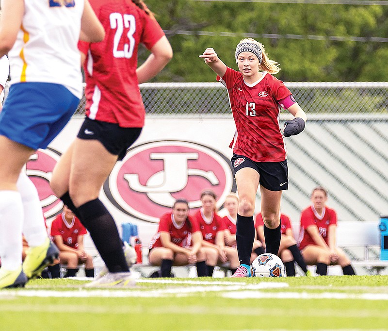 Emily McMillian signals to a Jefferson City teammate before a free kick during action last season at Jefferson City High School. (News Tribune file photo)