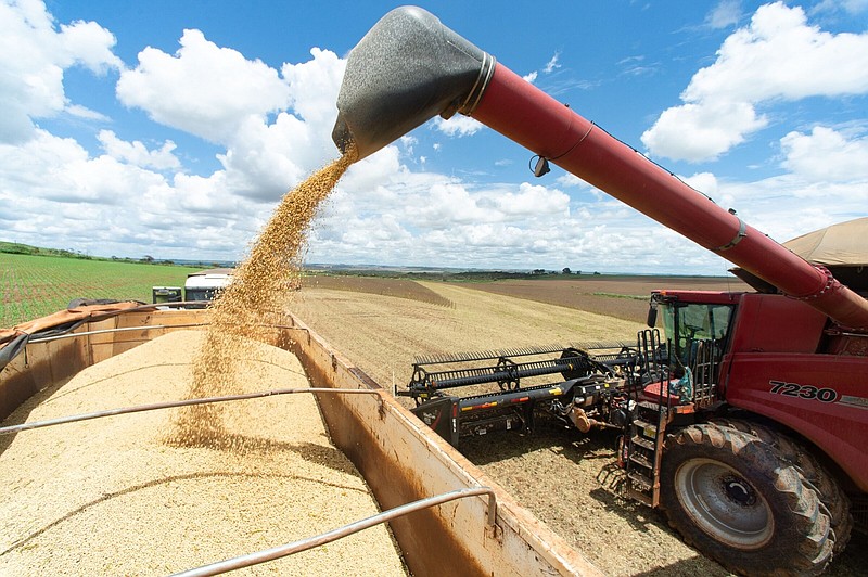 A Case IH combine harvests soybeans on a farm near Brasilia, in March 2022.
(Bloomberg/Andressa Anholete)
