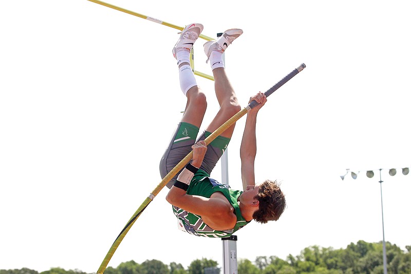 Tomas Gonzalez of Blair Oaks competes in the boys pole vault during last season’s Class 3 track and field state championships at Adkins Stadium. (Greg Jackson/News Tribune)