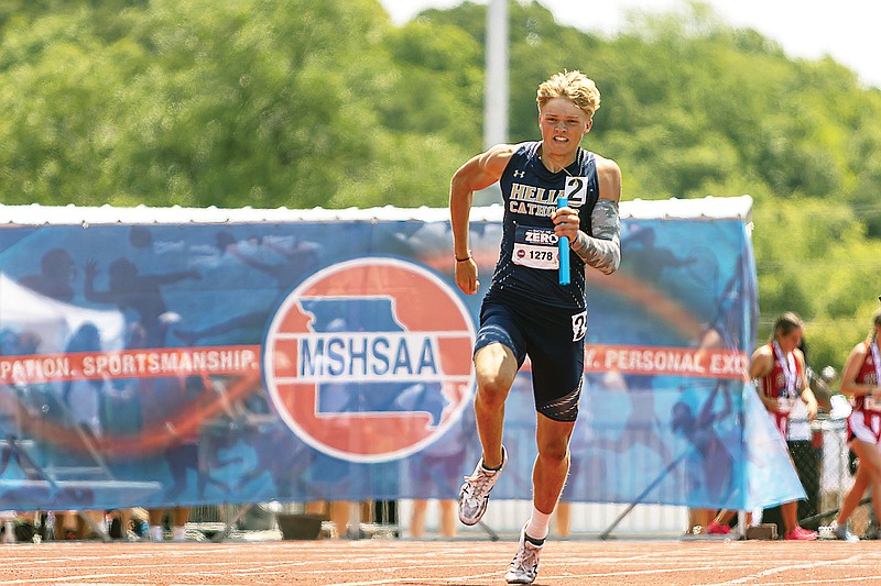 Matthew Malmstrom of Helias runs a leg of the boys 4x200-meter relay in last year’s Class 4 track and field state championships at Adkins Stadium. (News Tribune file photo)