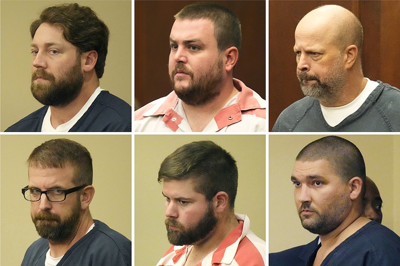FILE - This combination of photos shows, from top left, former Rankin County sheriff's deputies Hunter Elward, Christian Dedmon, Brett McAlpin, Jeffrey Middleton, Daniel Opdyke and former Richland police officer Joshua Hartfield appearing at the Rankin County Circuit Court in Brandon, Miss., Aug. 14, 2023. (AP/Rogelio V. Solis, File)