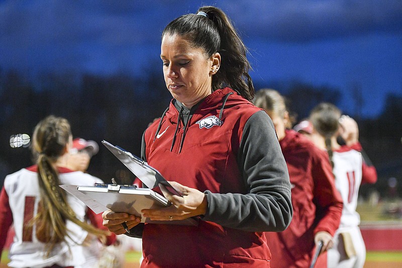 Arkansas Coach Courtney Deifel said the No. 17 Razorbacks have a tough test against No. 20 Mississippi State this weekend in Fayetteville. “They have a really good mix of pitchers that complement each other. They really give different looks. So just like any SEC opponent, we’re going to have to bring our best,” Deifel said.
(NWA Democrat-Gazette/Hank Layton)