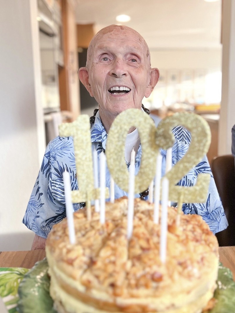 Pearl Harbor survivor Richard C. “Dick” Higgins is shown in Bend, Ore., on his 102nd birthday on July 24, 2023.
(AP/Angela Norton)