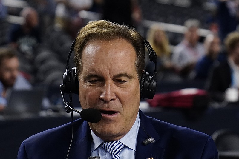 FILE - Jim Nantz works during the Florida Atlantic and San Diego State Final Four college basketball game in the NCAA Tournament on Saturday, April 1, 2023, in Houston.